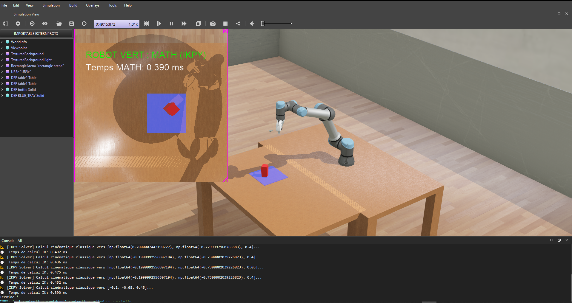 UR5e Webots scene with camera overlay and IK timing HUD