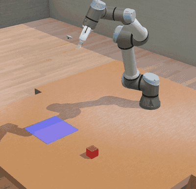 UR5e in Webots grasping a red cube located by the overhead camera